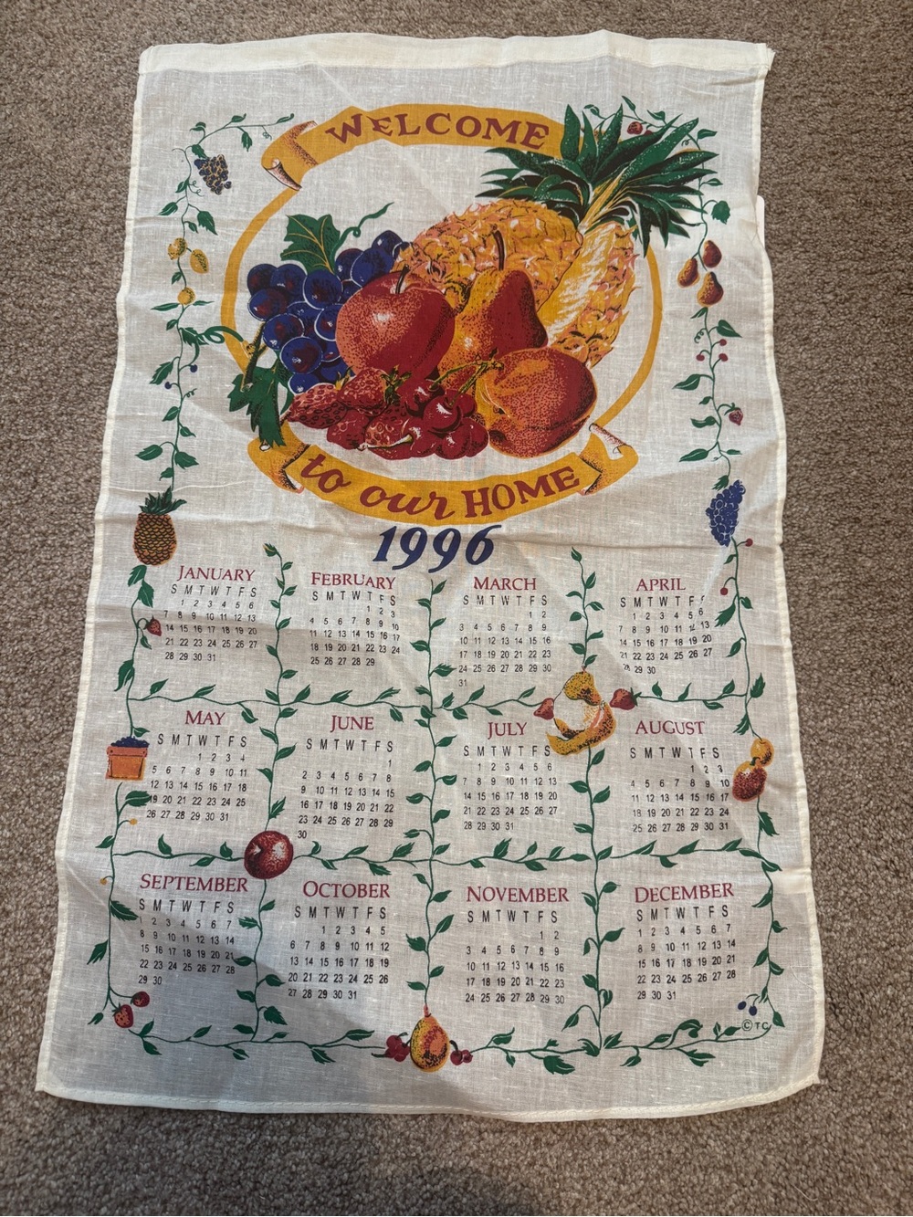 Vintage 1996 Fruit Calendar Tea Towel - Welcome to Our Home